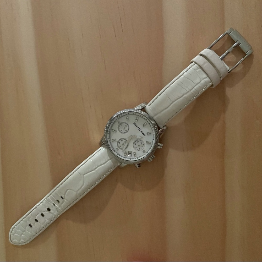 Michael Kors Silver Watch with White Leather Strap